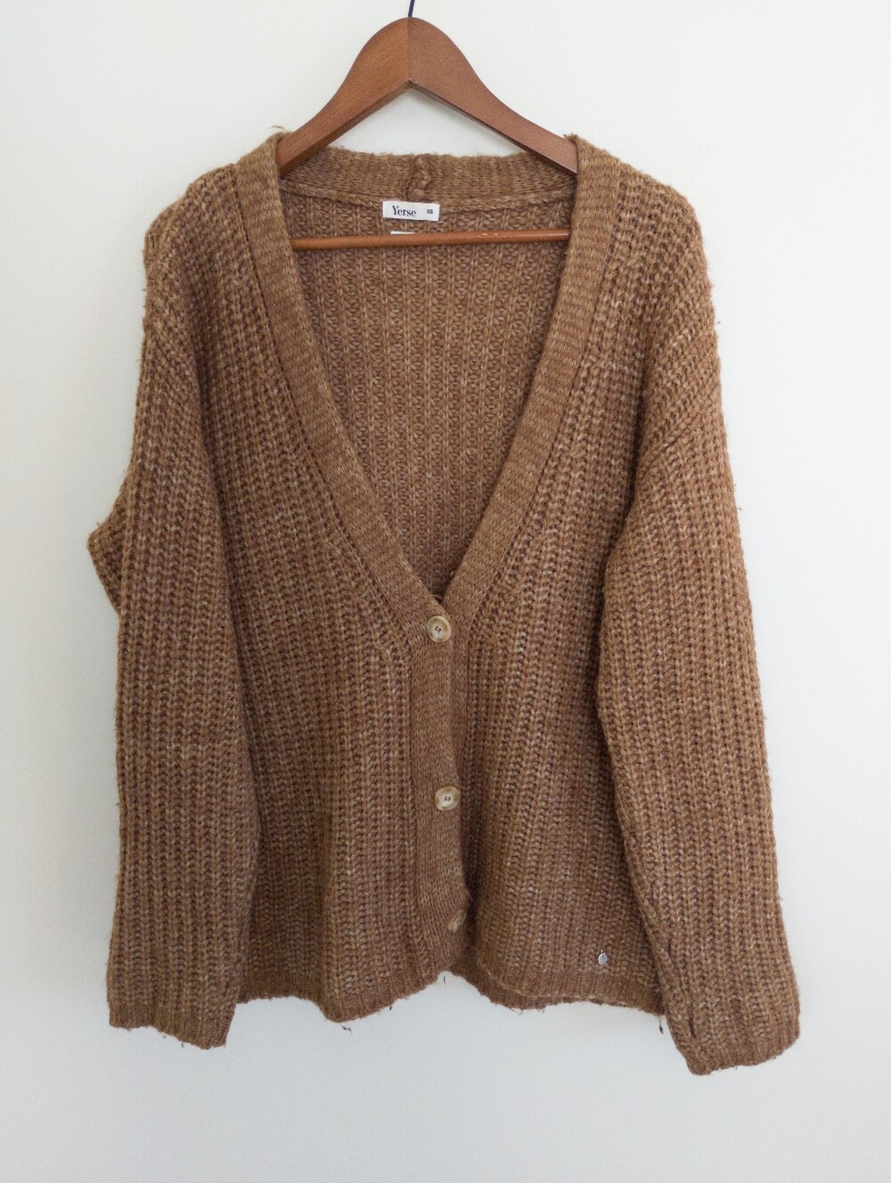 Yerse Brown Italian Yarn Wool Alpaca Chunky V-Neck Cardigan XS